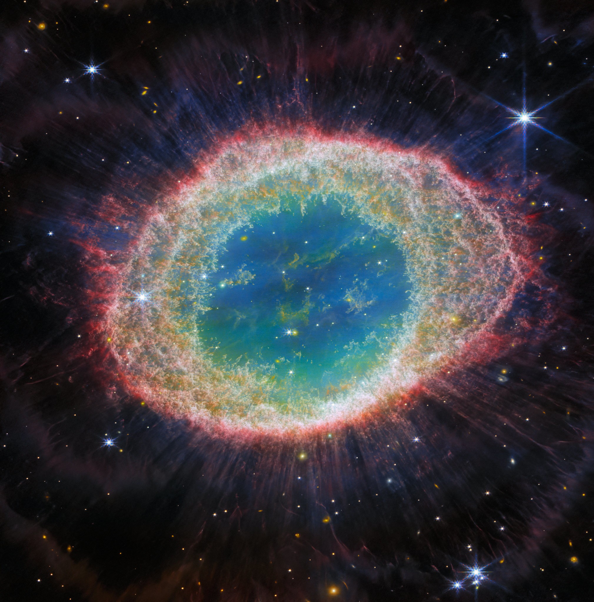 A detailed photo of a dying star at the center of the Ring Nebula