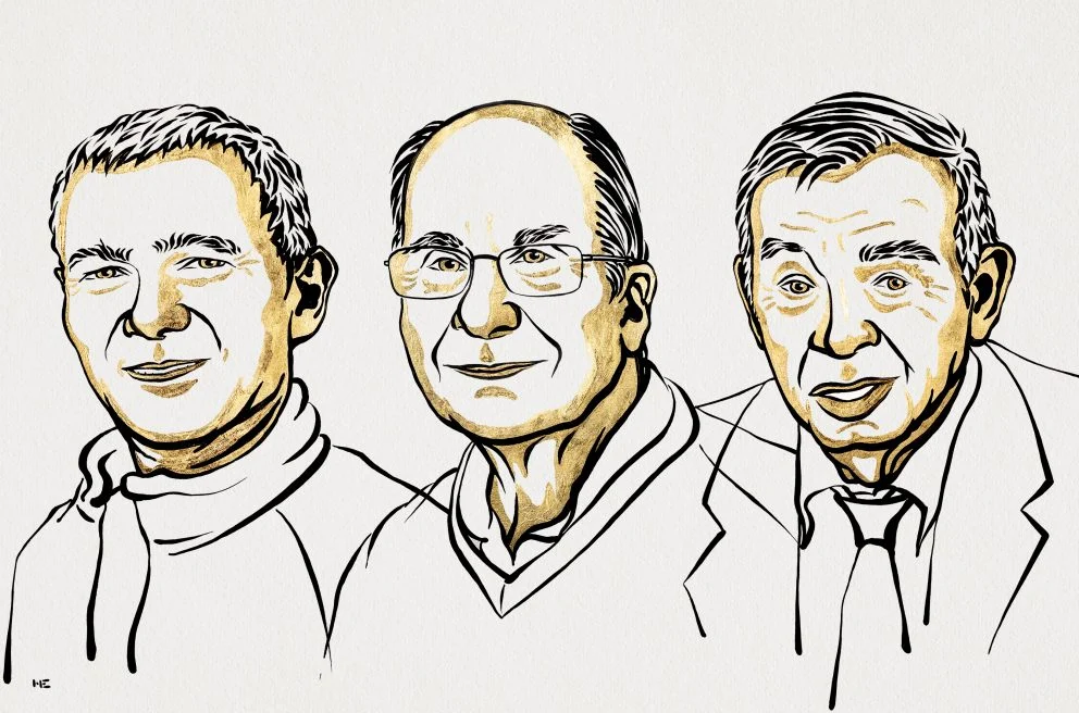 Black and gold line drawing of three recipients of the 2023 Nobel Prize in Chemistry