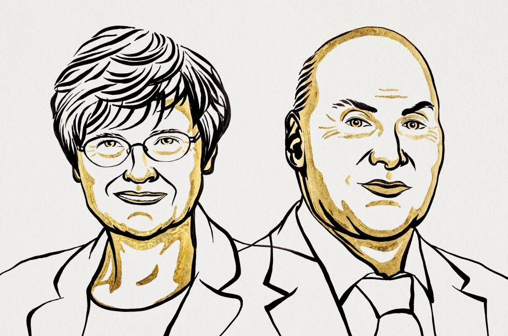Line drawing of the two awardees, Kariko [left] and Weissman [right] in black and gold ink