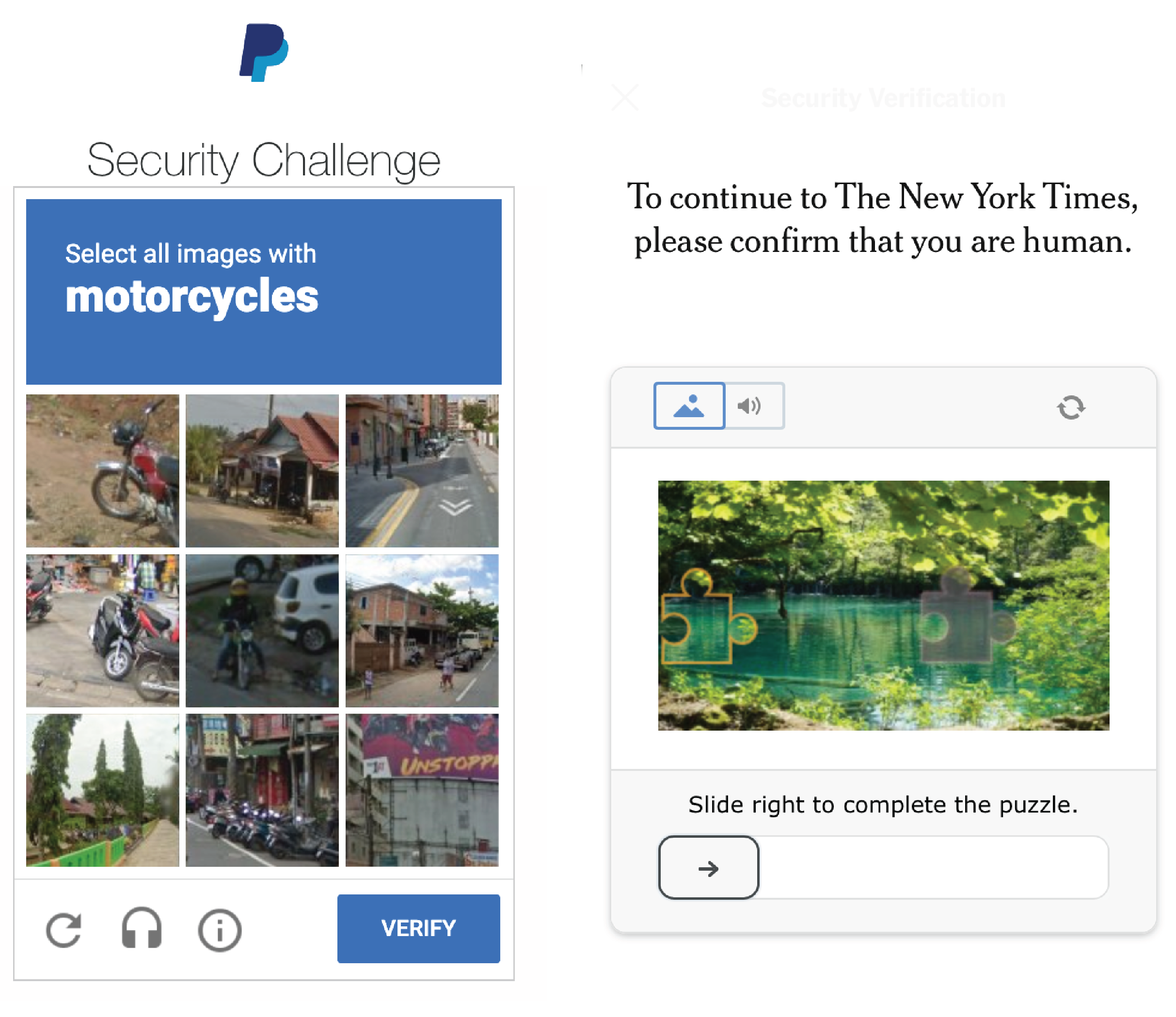 Two types of CAPTCHAs: one asks users to select all the squares with motorcycles; another asks users to slide a puzzle piece into the correct spot in an image. 