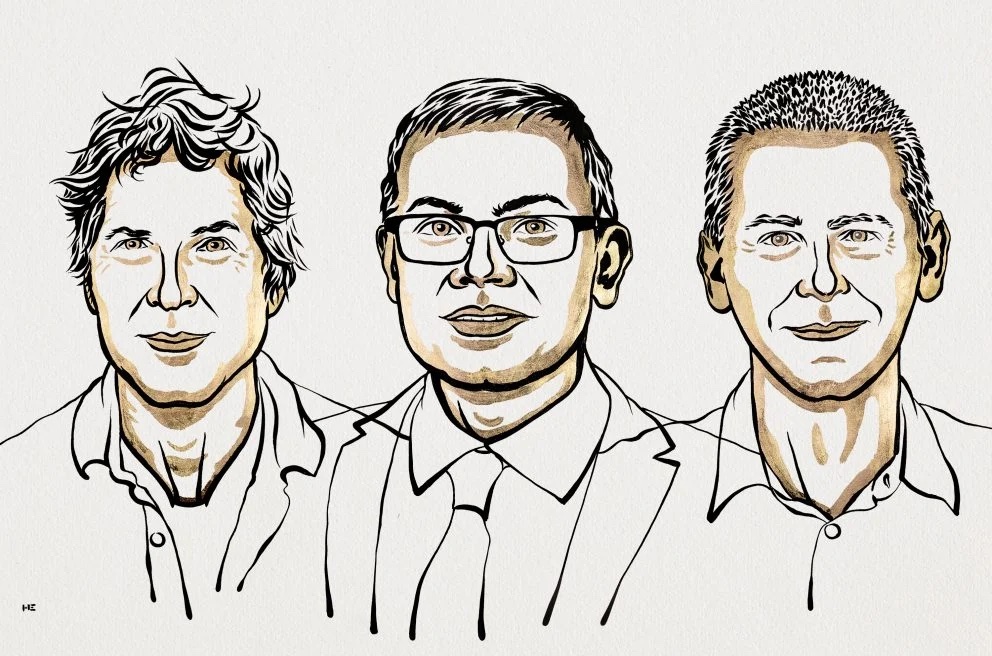 Illustrated images of David Baker, Demis Hassabis and John Jumper