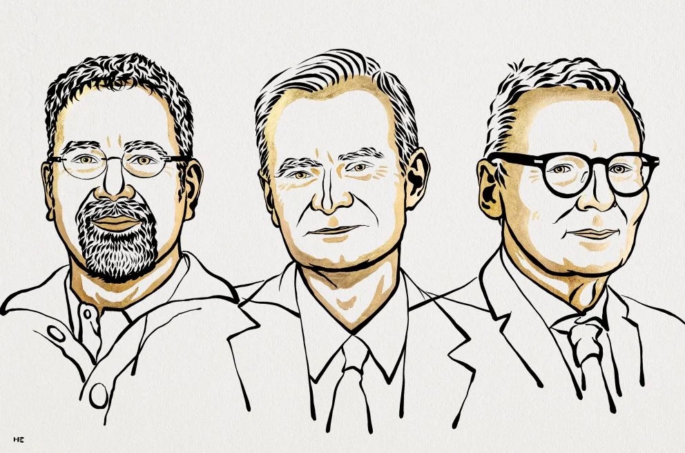 Illustrated images of of Daron Acemoglu, Simon Johnson and James Robinson