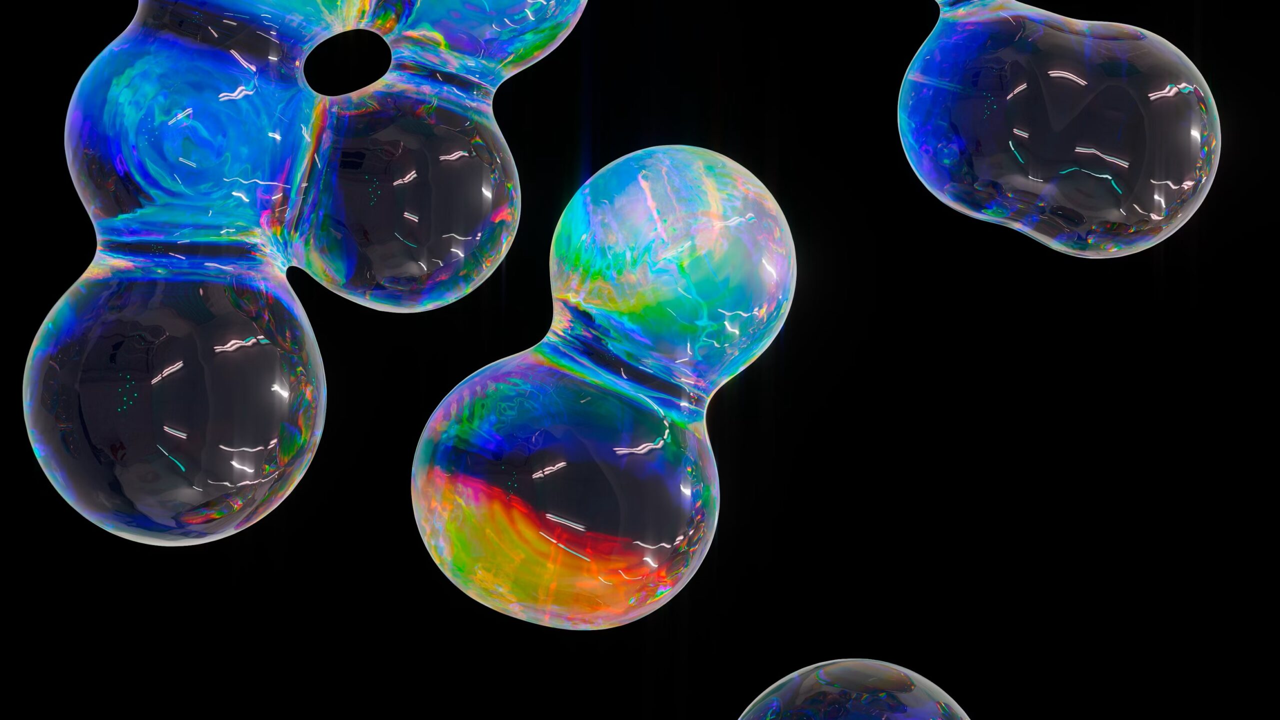 A group of reflective bubbles, representing pheromones, float against a black background.