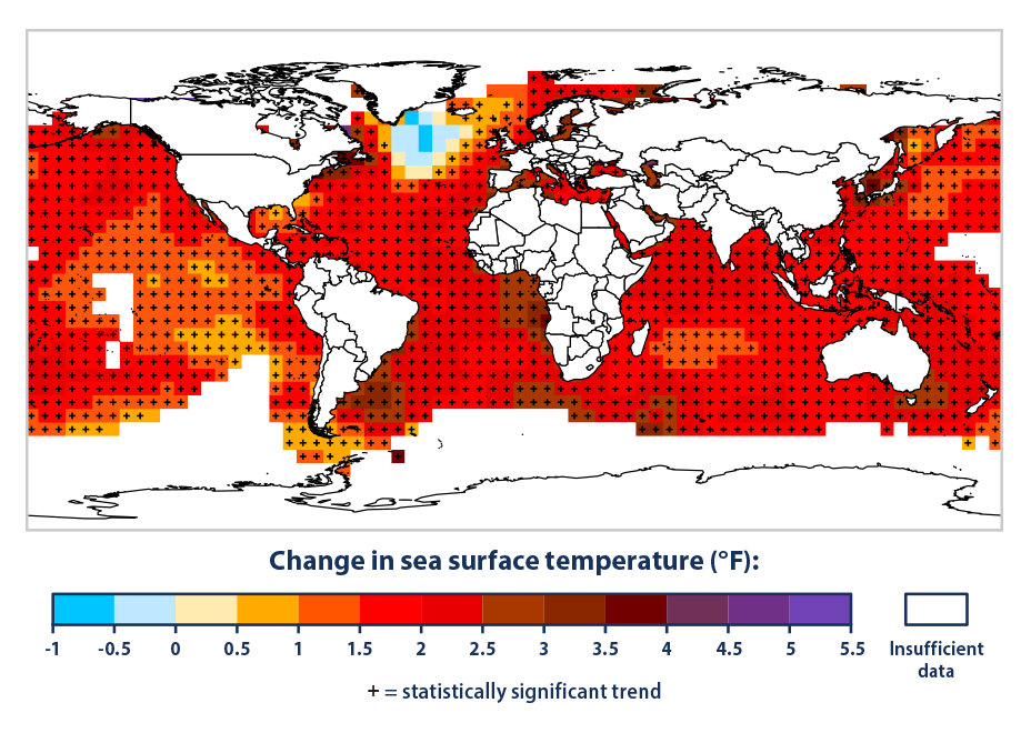 A world map shows a red sea, indicating rising ocean temperatures, but there is a cold blob just south of Greenland.