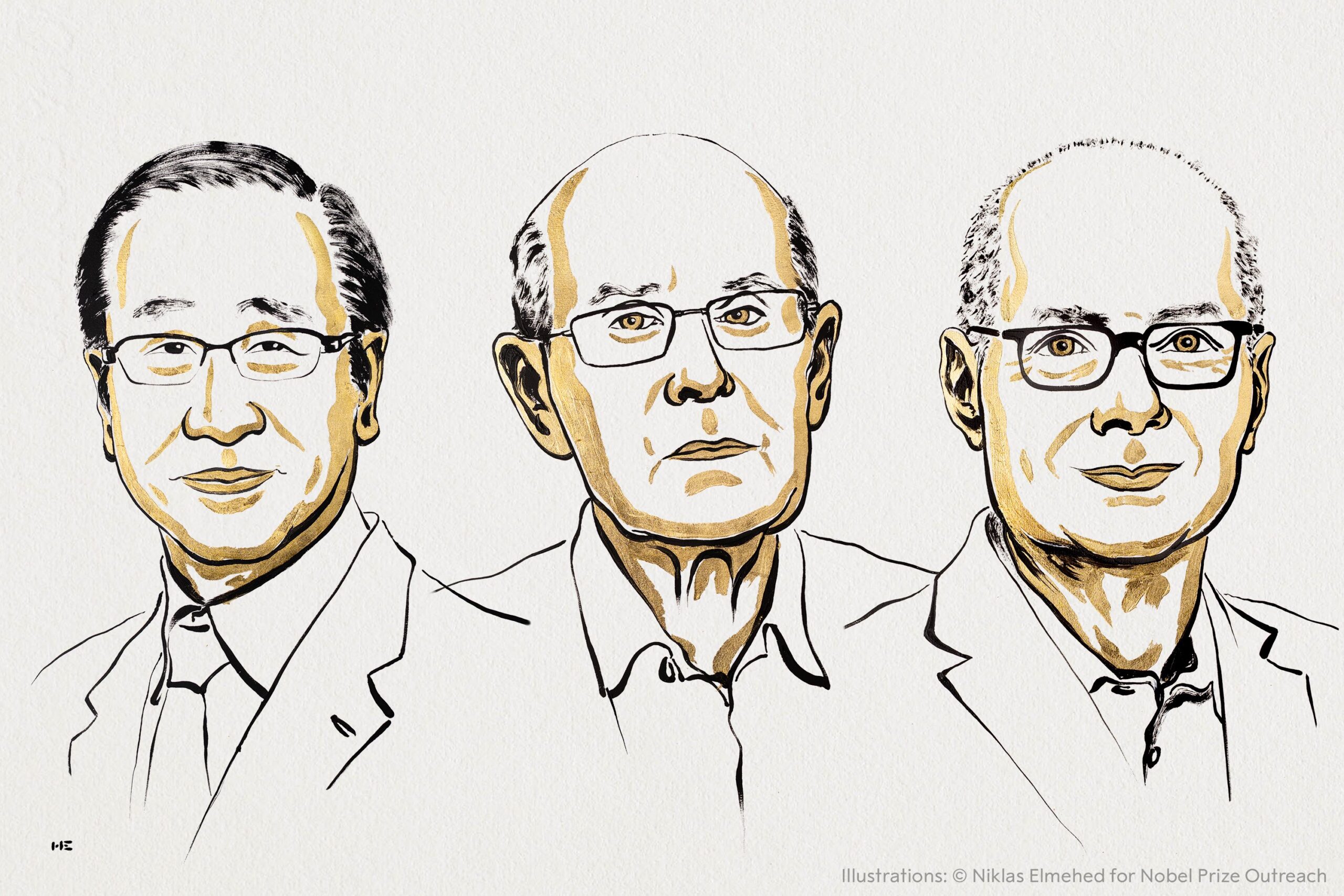 Illustration shows the three Nobel laureates for this year's prize in Chemistry. From left to right: Susumu Kitagawa, Richard Robson, and Omar M. Yaghi