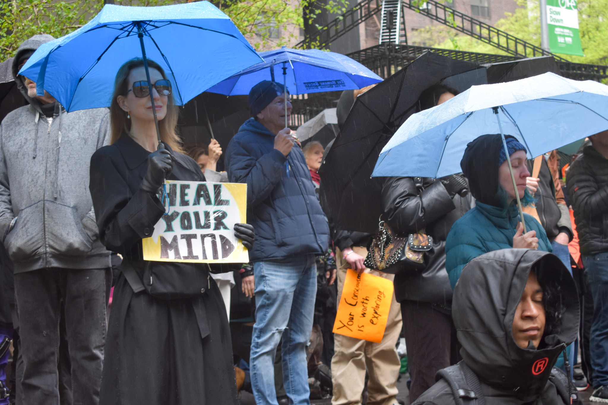 A group of people at a protest, one holding a sign that reads "heal your mind".