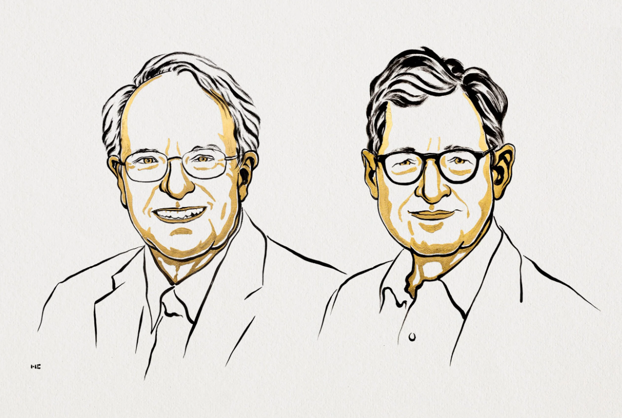 Illustrated headshots of Robert E. Hall and Michael Woodford, winners of the 2026 Nobel in economics