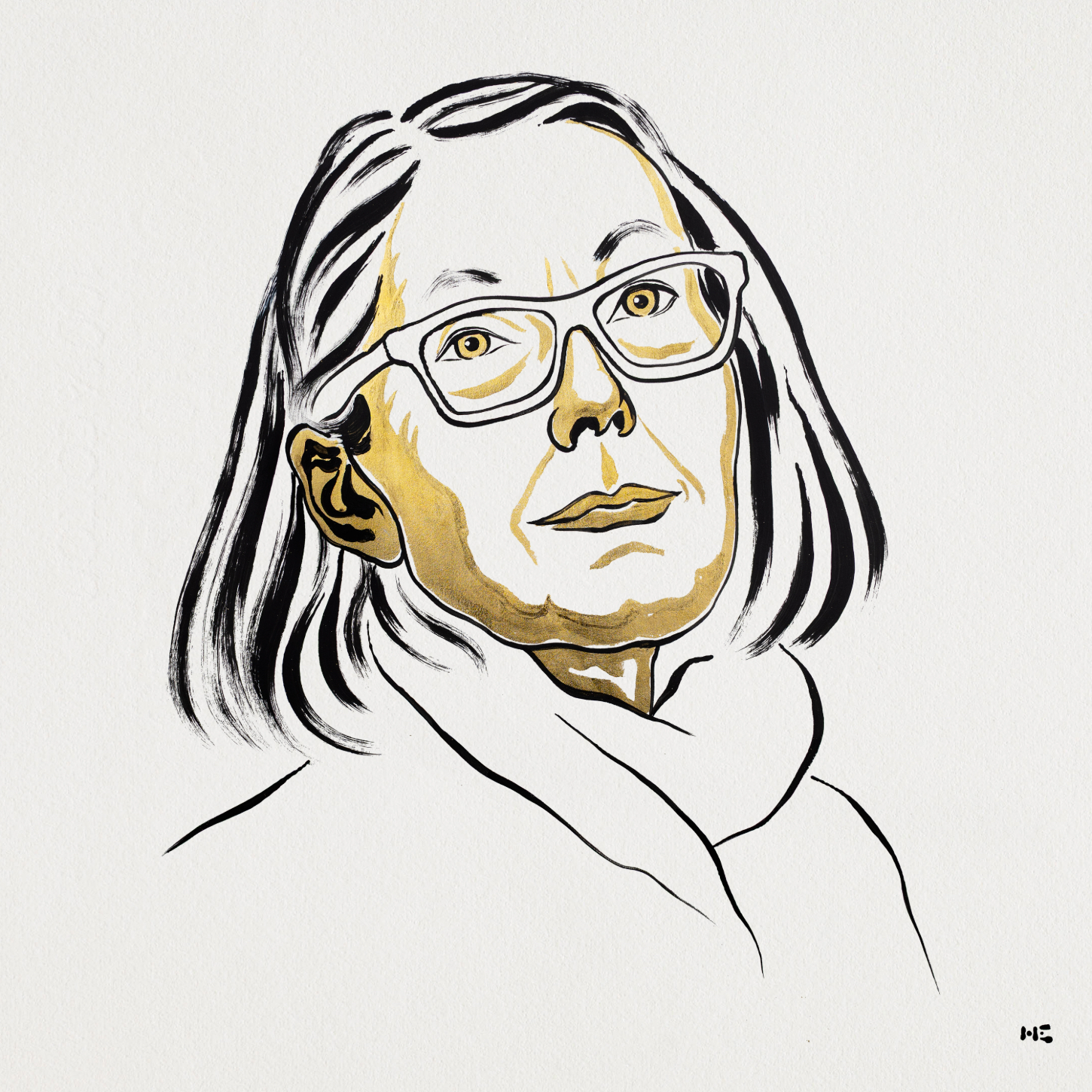 An illustration of Anne Carson, looking off into the distance in front of a white background